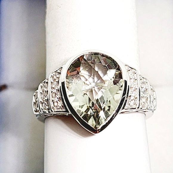Montezuma Prasiolite (Green Amethyst) & Zircon ring in Plat/925SS sz 9 5.25cts - Picture 4 of 6
